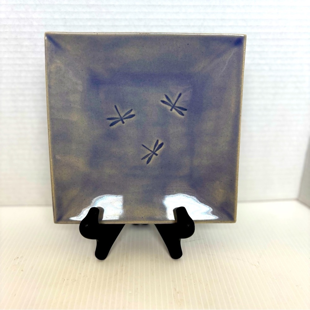 Earthenware Artisan Pottery dragonfly Dish Plate Square Purple Gray Signed